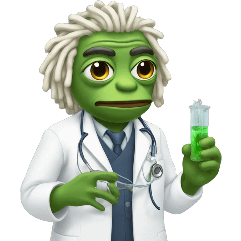 Pepe meme  with dreads wearing doctors clothes and conducting experiments emoji