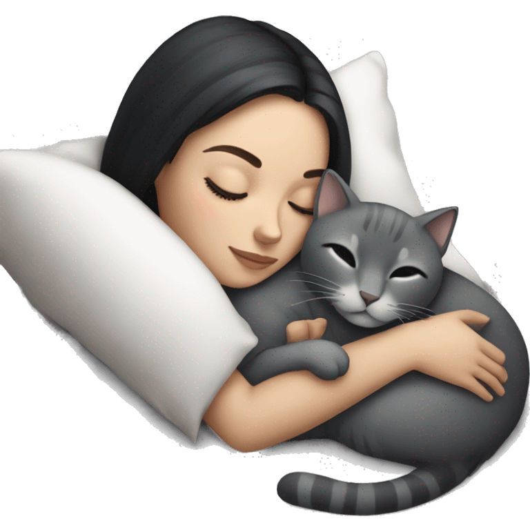 White Girl dark hair sleeping with grey cat emoji