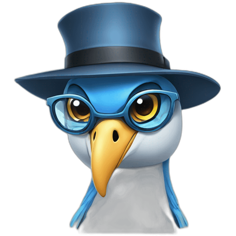 Crazy funny Cyberpunk Articuno head with beautiful smile wearing glasses and hat emoji