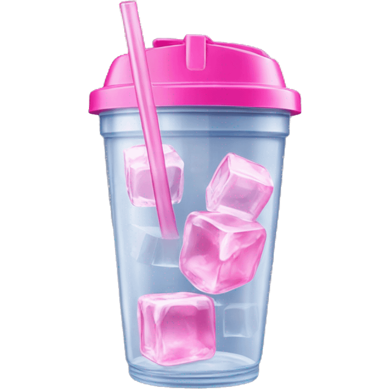 Realistic plastic cup and lid with Transluscent pink soda and large ice cubes inside and straw through the top of the lid. emoji