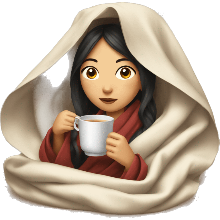 asian girl inside a blanket sipping tea emoji