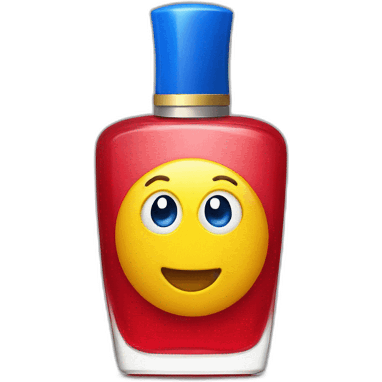 Red perfume with a blue cap and a yellow collar next to it emoji