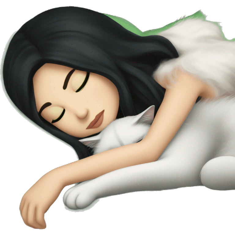 A pretty white girl with very long black hair and green eyes sleeping curled up to a cat  emoji