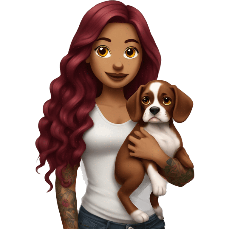 Beautiful tattooed  burgundy long haired woman holding a boxer puppy emoji