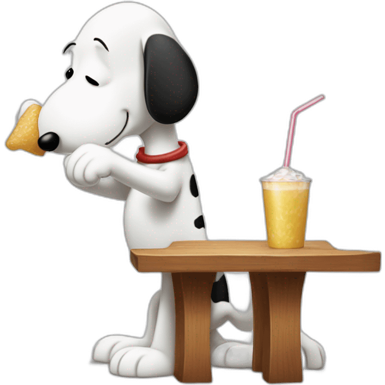 Snoopy (full body, standing) holding a straw in his hand against his nose bent over a table sucking up a pile of sugar -drink -cup emoji