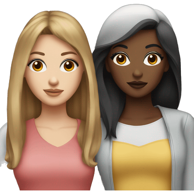 Two white girlfriends. One with brown hair in square, the other with black hair, bangs and a square. In fashionable clothes and beautiful modern makeup emoji