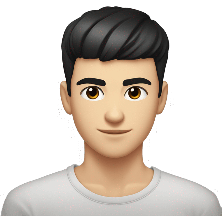 thick eyebrows, an average nose, and black eyes, My hair is styled forward, with shaved sides and bangs that cover my forehead. teenager average guy male 15 years old black hair black eyebrow emoji