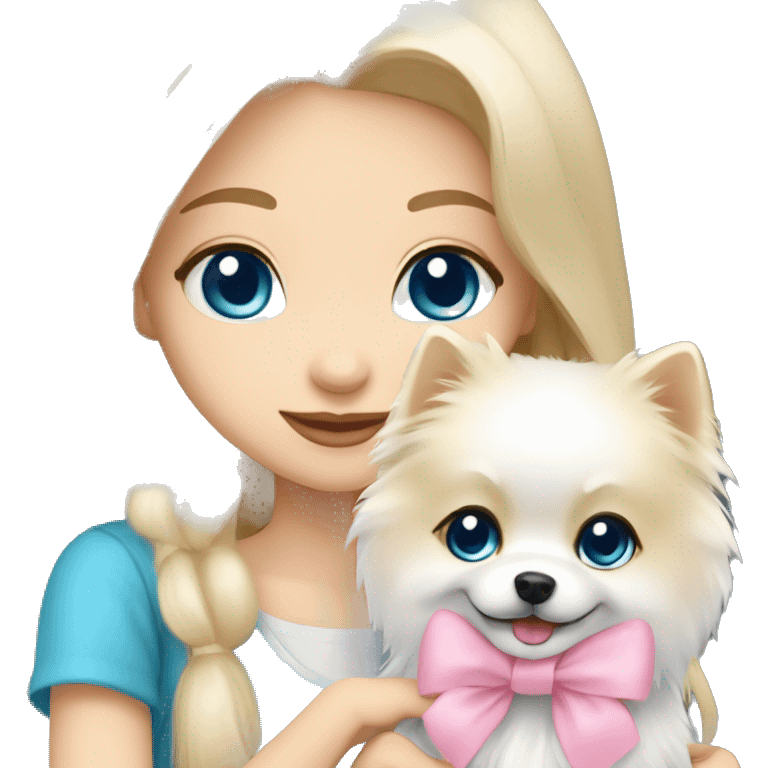 Blond girl white skin blue eyes hugging white Pomeranian with light pink bow emoji