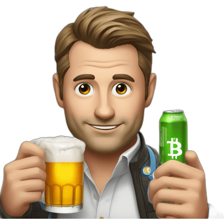 Ceo of coinhouse Nicolas louvet drinks a beer with bitcoin around him emoji