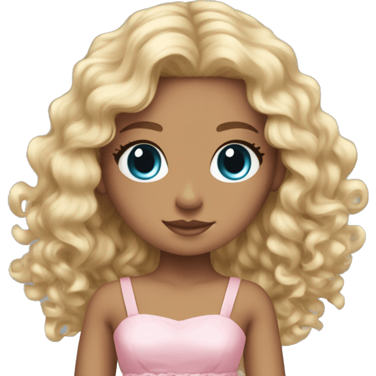 Tan skin, ocean blue doll eyes, blonde curly long hair, feminine, pink dress, girl, angelic emoji