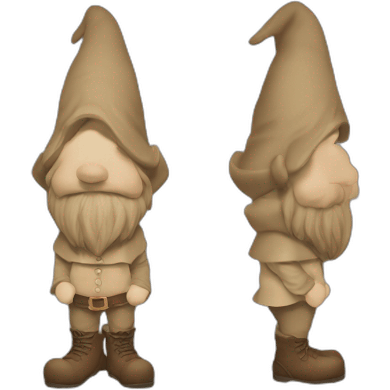 side view angle of gnome with light tan pants and light tan boots squatting in front of small brown log emoji