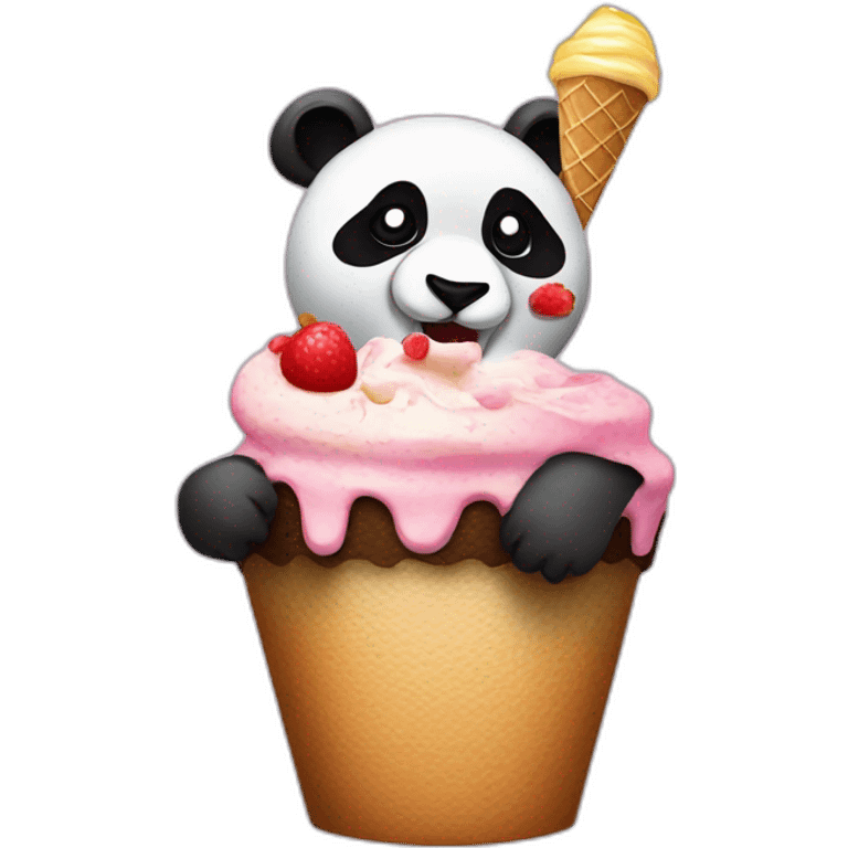 Panda eating ice cream armed with  cupcakes mask made of steel emoji