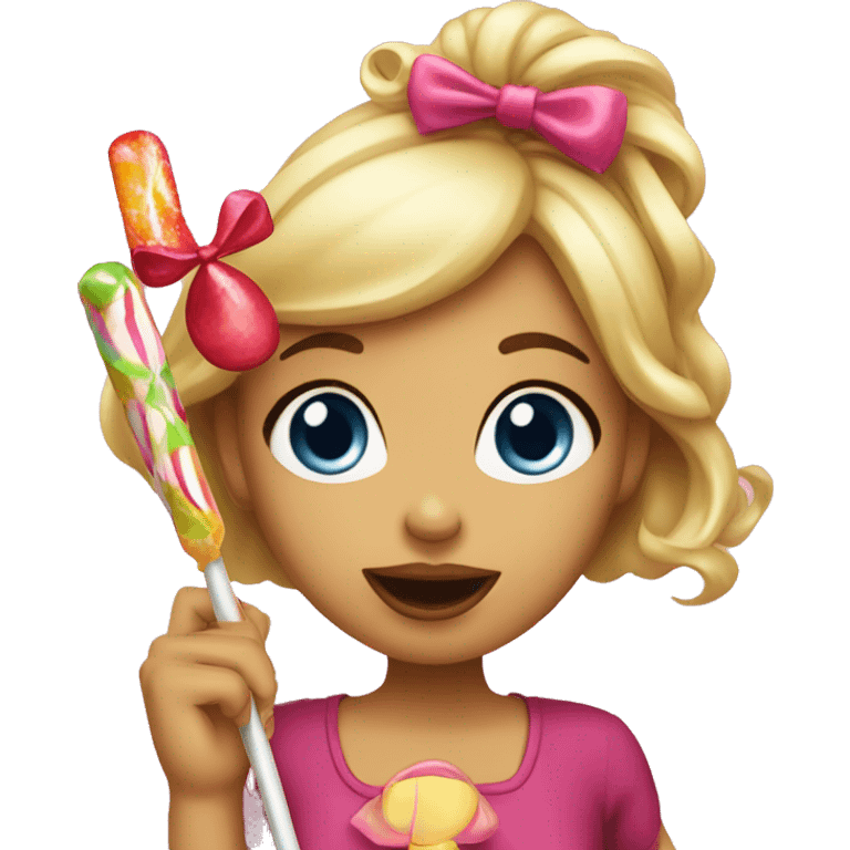 A girl with a coquette bow eating a lolipop emoji