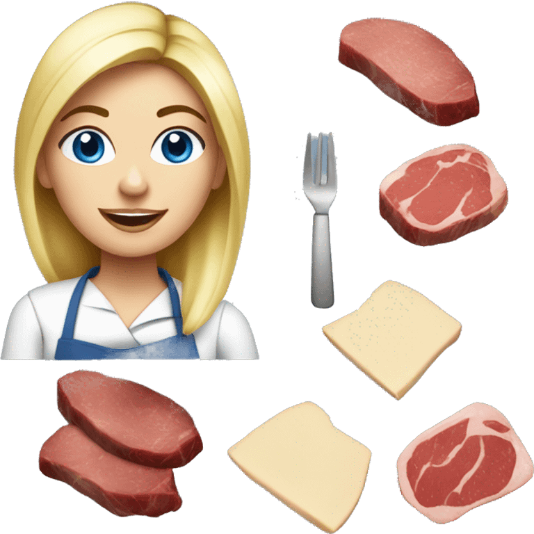 Beautiful blonde blue eyed woman cooking steak emoji