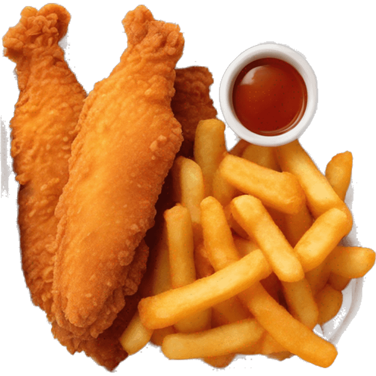 3 chicken tenders with crinkle fries and orange sauce on the side in a styrofoam container emoji