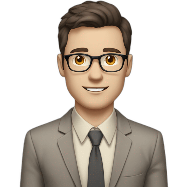 Pale skinned fit man with dark brown hair in gray jacket, beige office shirt, brown tie, brown pants and vintage glasses Writing on the marker board emoji