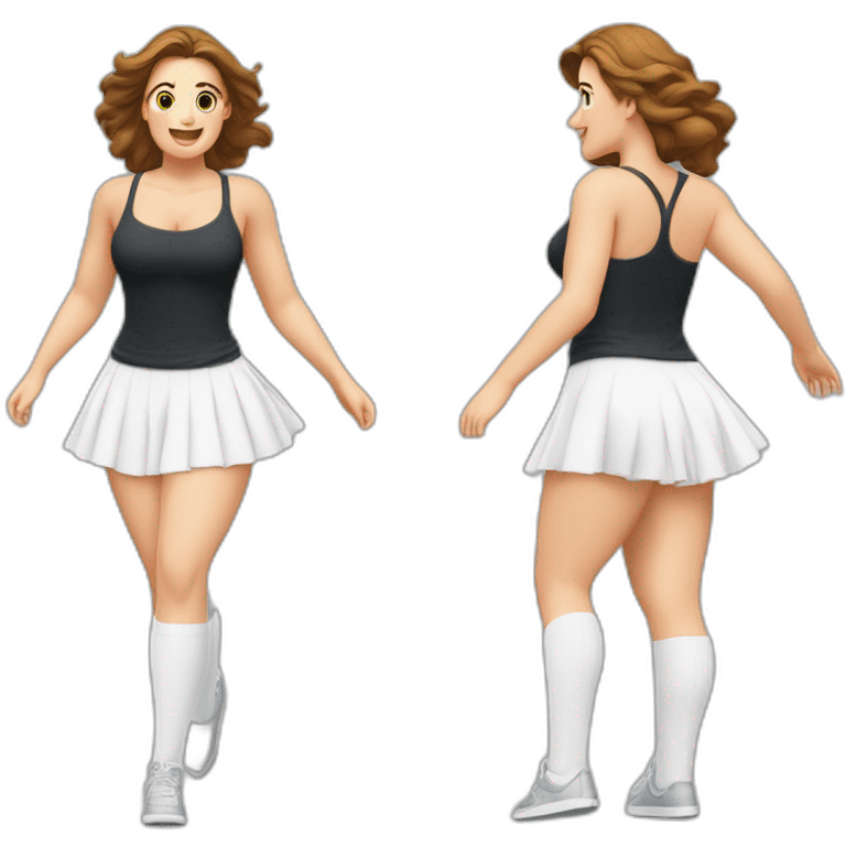 full-body-caucasian-curvy-beauty-jumping-short-black-skirt-back-and-front-views-strong-wind-white-knickers-long-white-socks emoji