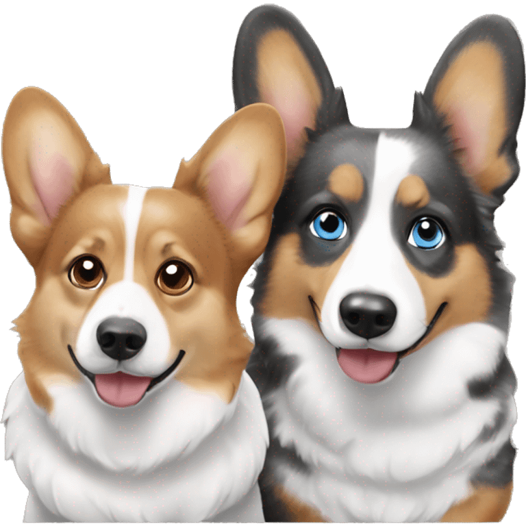 Three corgis. One is a red headed tri, one is a black headed tri, and one is a blue Merle with blue eyes emoji