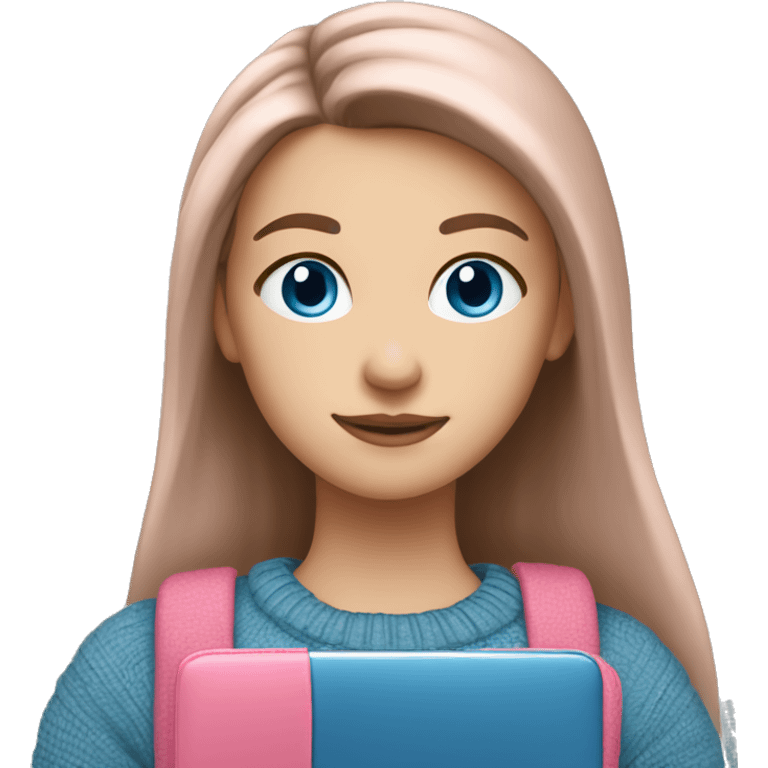 caucasian white IT girl student, holding pink laptop, blue eyes, brown hair ponytail wearing a thick sweater emoji