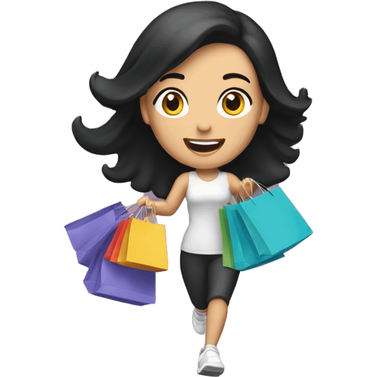 Caucasian woman with black hair running with shopping bags in her hands emoji