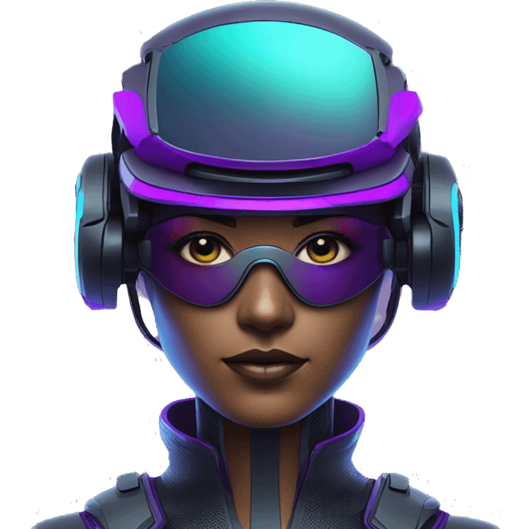 Secret human agent in a futuristic hat with in Apple VR google headset , cyberpunk, cyan and purple colors, only upper body portrait, front facing the camera  emoji