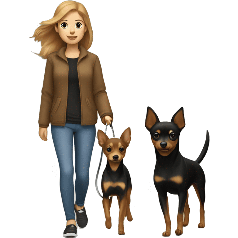 A light brown haired girl, walking one black and tan miniature Pinscher and one big light brown Spitz on the lead emoji