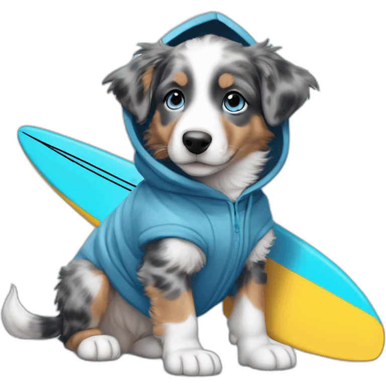 a 5 month old puppy, miniature American shepherd breed, blue merle color, with blue eyes, wearing a blue hooded sweatshirt and a surfboard under his arm emoji