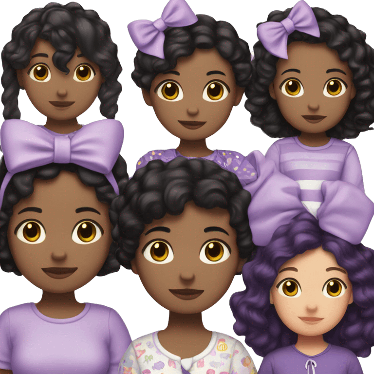 short black wavy hair, light skin, brown eyes, purple miffy pjs, pandora purple bracelet with purple bow headband girl emoji