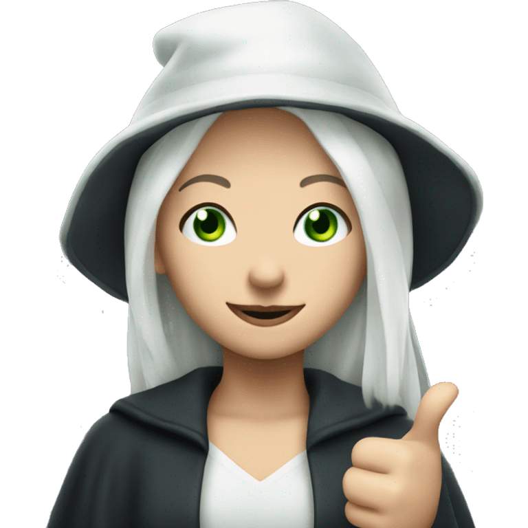 Young witch with white hair, white skin and cap, green eyes, thumbs up   emoji