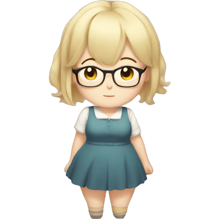 Chubby anime girl with glasses and short blond hair, full body wearing cute dress emoji