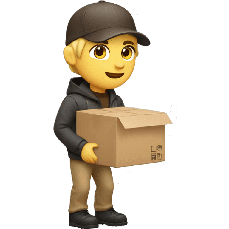 Blonde delivery man, full body, light skin tone, wearing dark brown cap and jacket, UPS delivery company loading a package without background emoji