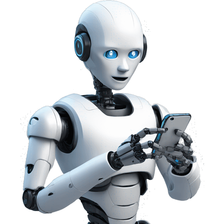 a humanoid robot looking at his iphone emoji