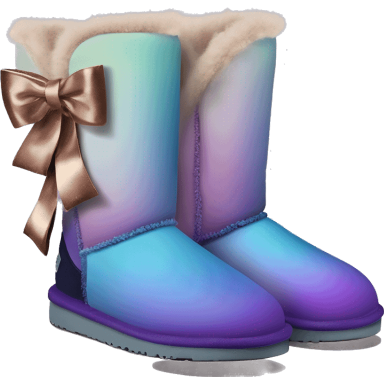 Realistic pair of blue ,purple,and taupe  ombre grunge Ugg fur boots with rose gold silk ribbon bows. emoji