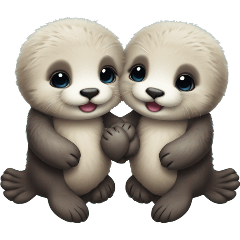 two fluffy baby sea otters holding hands emoji