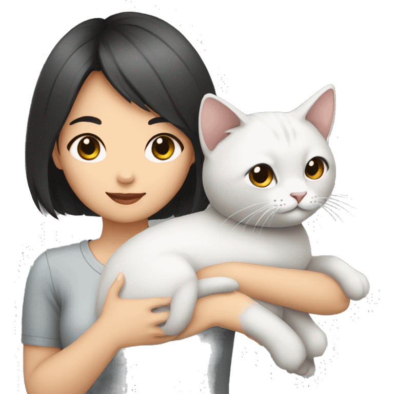 asian with Short black hair girl holding cat grey color emoji