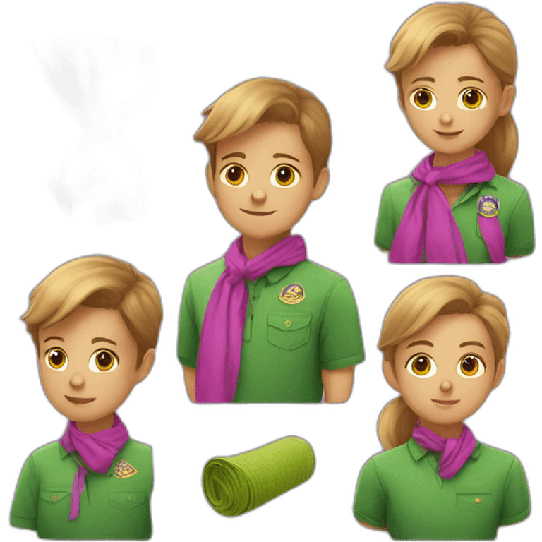 scout kid, with a purple and pink neckerchief, and a green polo shirt a green emoji