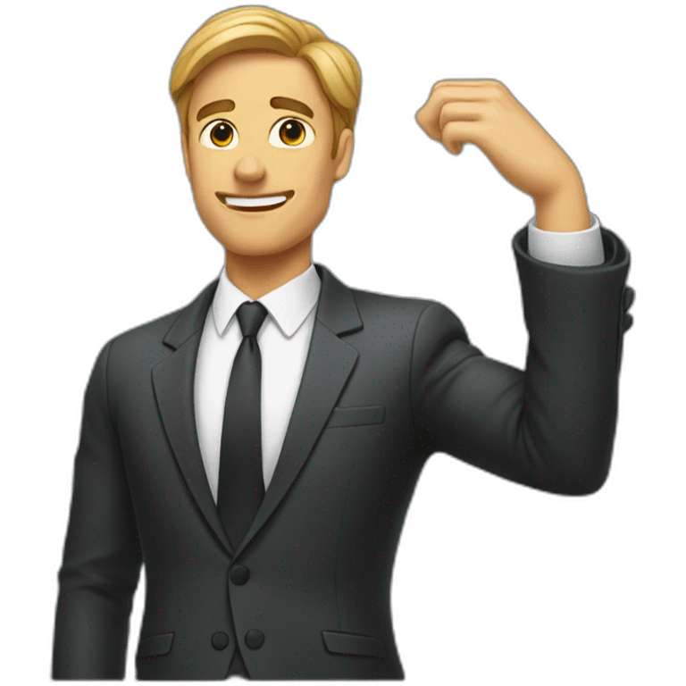 man in suit stretches his arms outward emoji