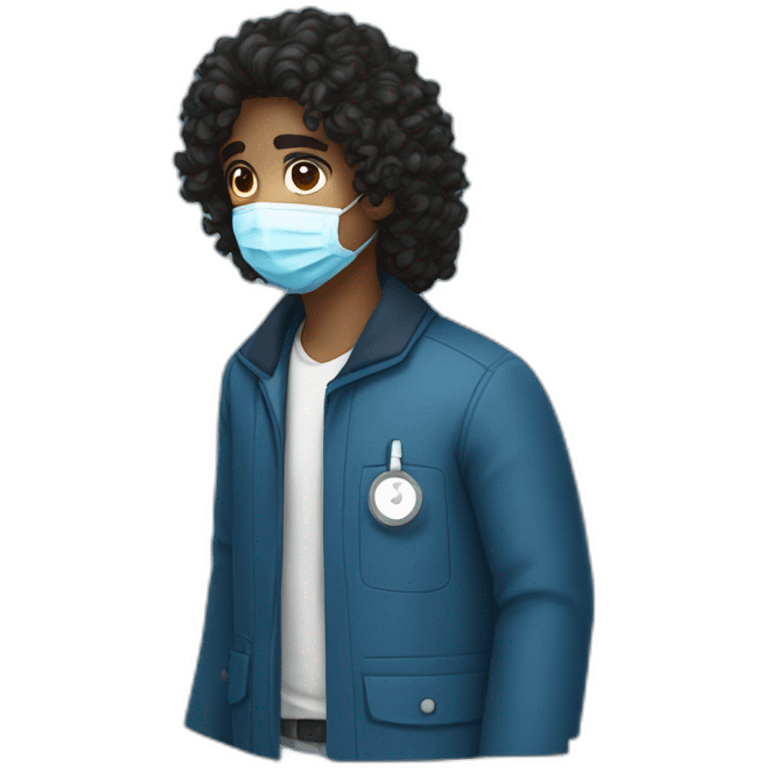 A dark young man with long curly hair, wearing a blue jacket and a medical mask emoji