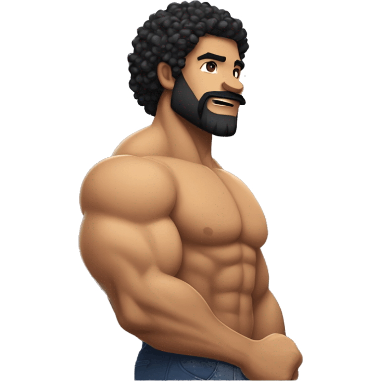 muscular bicep flexing, tight black curly hair, sandy brown skin, thin stash and beard. emoji