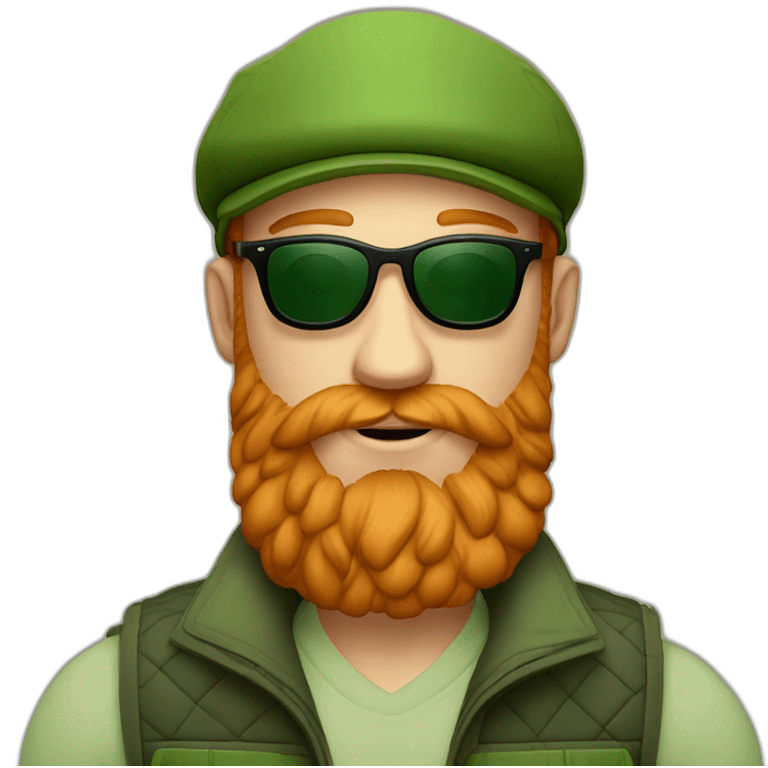 Ginger beard wearing a Gillet and wearing green sunglasses and a flatcap emoji