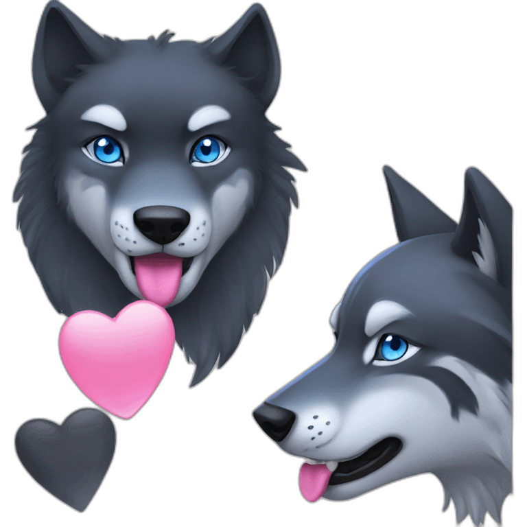 Black wolf with blue eyes kissing gray tiger with pink eyes emoji