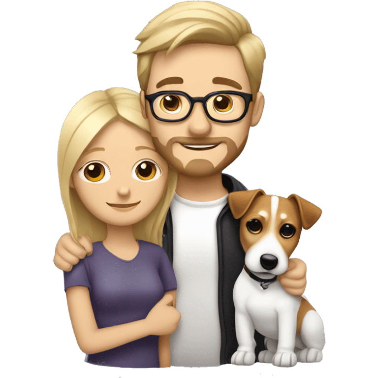 blonde girl and her white men with brown hair, glasses, a little Beard and moustache, both cuddling a jack Russell emoji