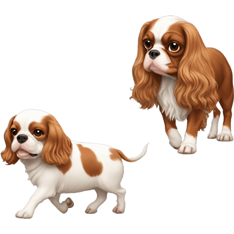 King Charles spaniel walking a pig emoji