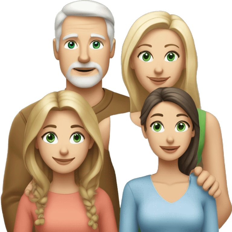 Family. White 60 year old man with dark hair and blue eyes. 60 year old woman with light brown hair and green eyes. Two 25 year old daughters with blonde hair and grey eyes  emoji