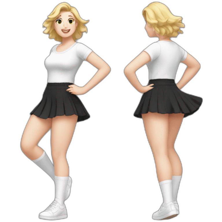 realistic full body caucasian curvy beauty jumping short black skirt back and front views strong wind white knickers long white socks emoji