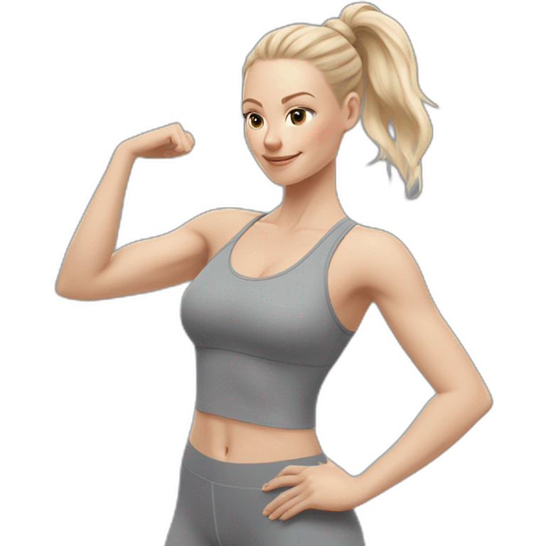 Pale skinned fit woman In a gray tight yoga suit and wristbands With ash blonde hair in a bun doing yoga emoji