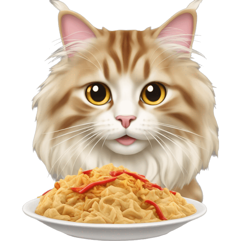 cream maine coon eating chinese food emoji