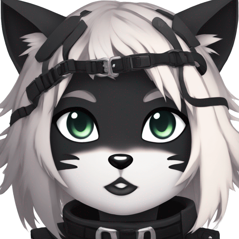 Gorgeous gothic dark techwear anime style anthro black cat furry with blushing face aesthetic and pretty edgy black with collar and harness trending style emoji