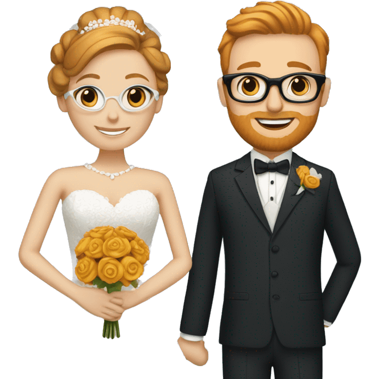 A bride and groom. Bride has dark blonde hair in a bun, blue eyes, wears a lace dress. Groom has ginger hair, wears black glasses, and a dark blue suit emoji