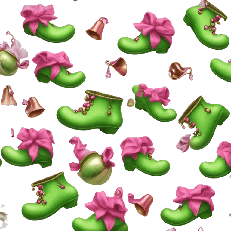 Realistic isolated pink and green elf shoes with bells. emoji